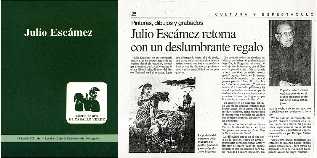 A partir de este año viaja sistemáticamente a Chile donde realiza Exposiciones, imparte Charlas y Talleres en diferentes espacios, destacándose la repercusión de su primera Exposición en la Galería El Caballo Verde (1988) en Concepción y la Exposición retrospectiva en el Museo de Bellas Artes de Santiago (1996)
