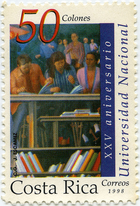 Realiza y dona a la Universidad Nacional la pintura Génesis del conocimiento. Un fragmento de la misma es utilizado para el Sello Postal emitido como Edición Conmemorativa por los 25 años de la Fundación de la UNA
  